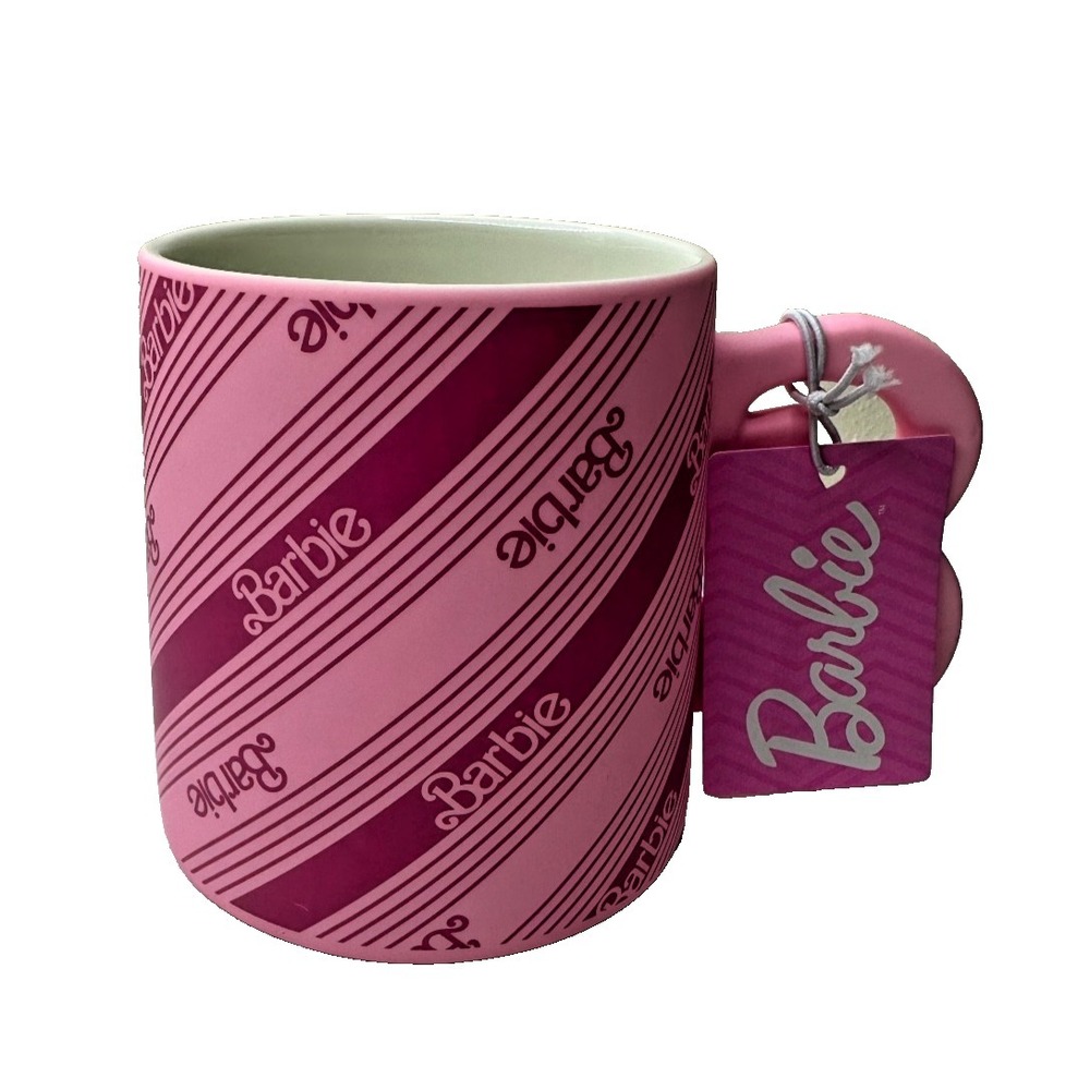 New Barbie 'B' Shape Handle Candy Stripe Pattern 21 oz  Pink Mug